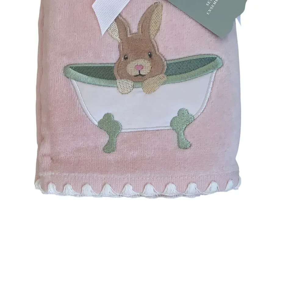 NEW Kassatex 2pk Hand Towels Easter Bunny in Bath Tub Pastel Pink 18x28